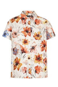 ivko Poplin Shirt, Floral Pattern - Orange & White Wash