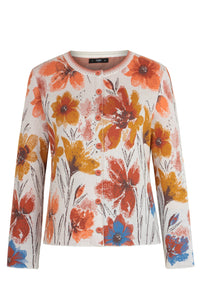 Ivko Jacquard Cardigan, Floral Pattern - Orange & White Wash
