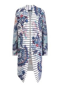 Long Printed Cardigan, Lotos Motif Stone Blue Wash