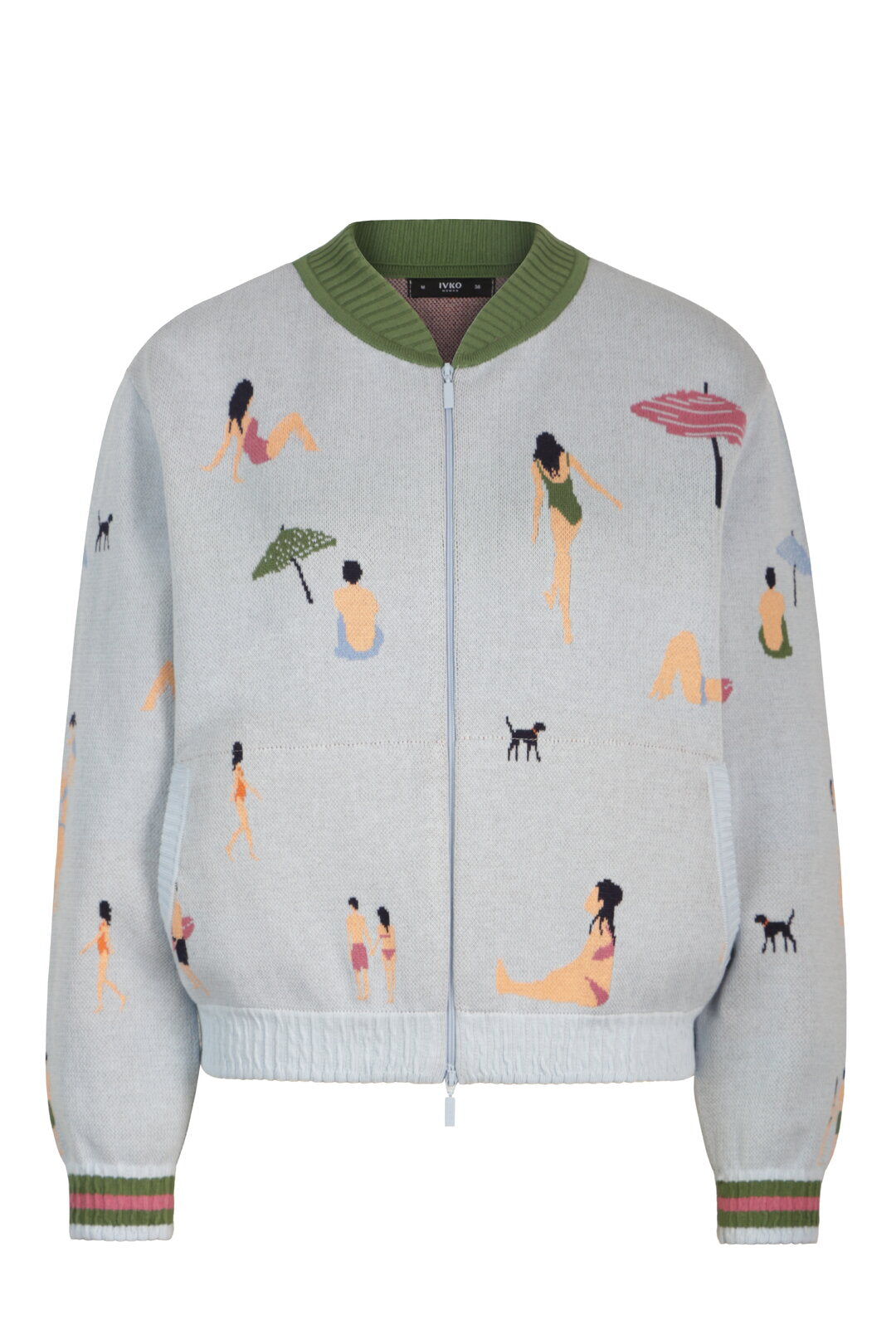Jacquard Bomber Jacket, Beach Fun Motif - Sky Wash