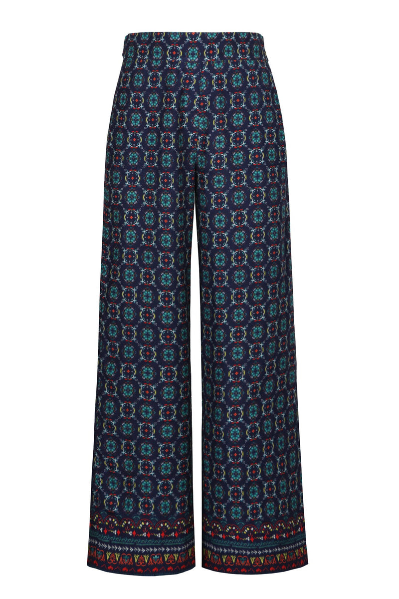Viscose Pants, Mediterranean Pattern - Navy Wash