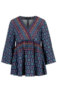 Blouse V-Neck, Mediterranean Pattern - Navy Wash