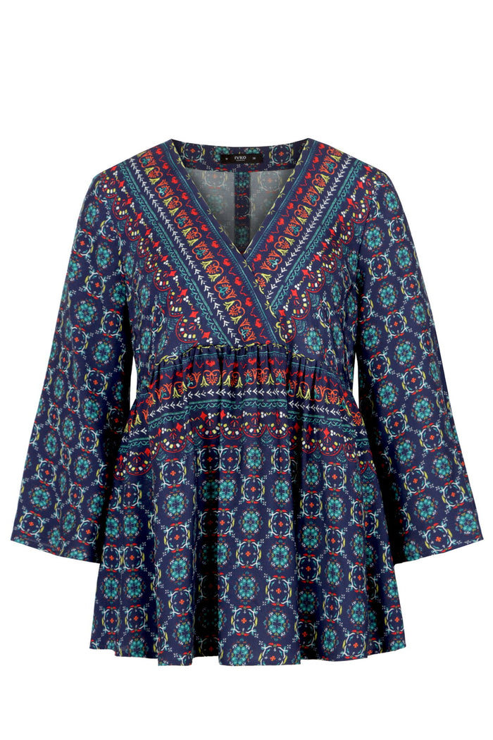 Blouse V-Neck, Mediterranean Pattern - Navy Wash
