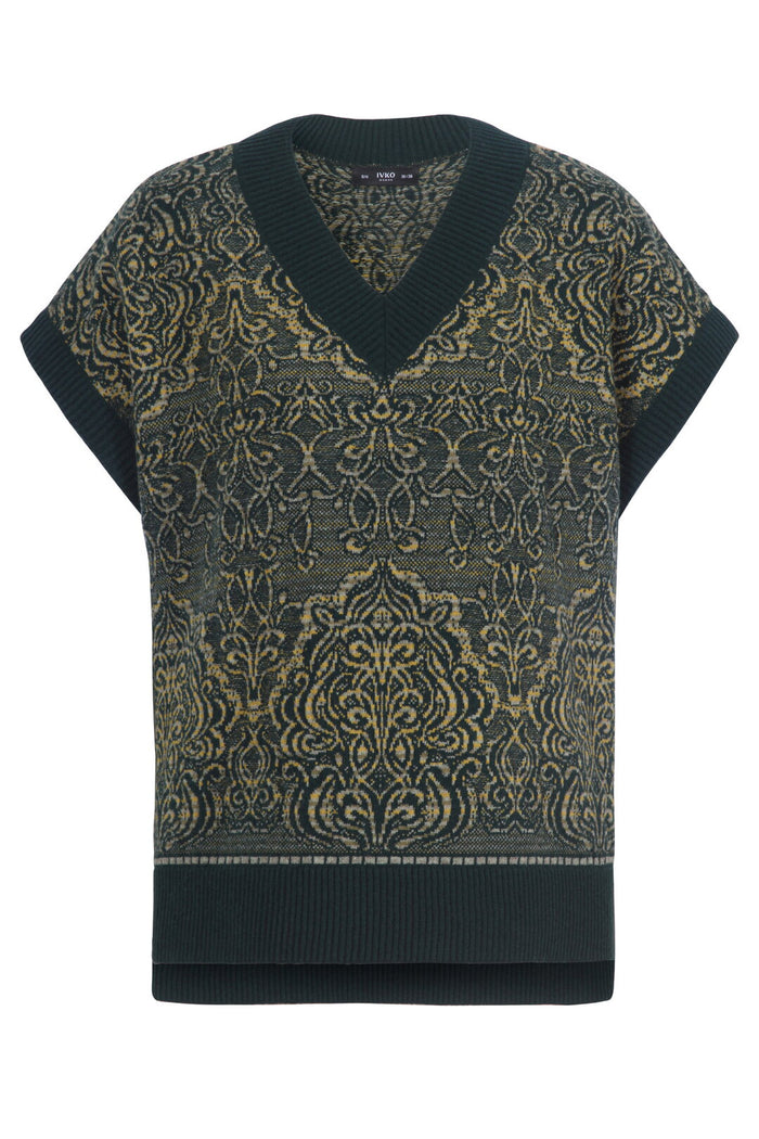 V-Neck Sleeveless Pullover, Ornament Pattern Forest Wash