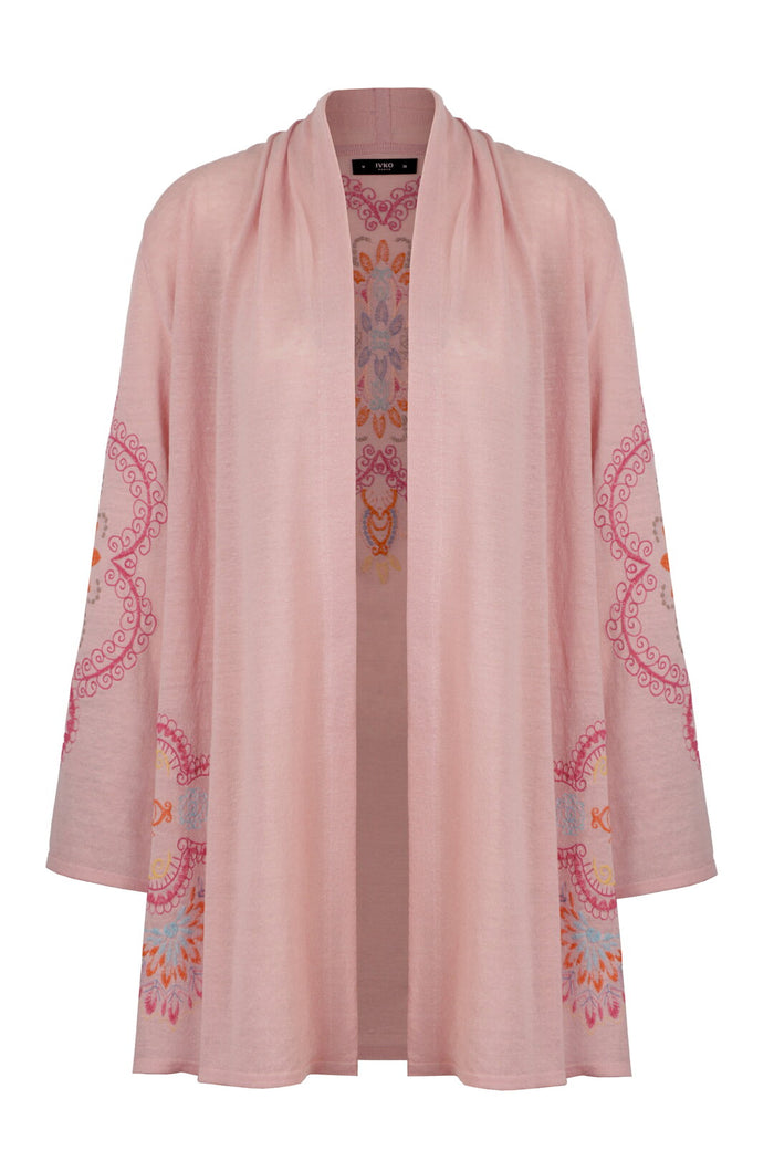 Long Cardigan With Embroidery, Ornament Pattern Wash light Pink