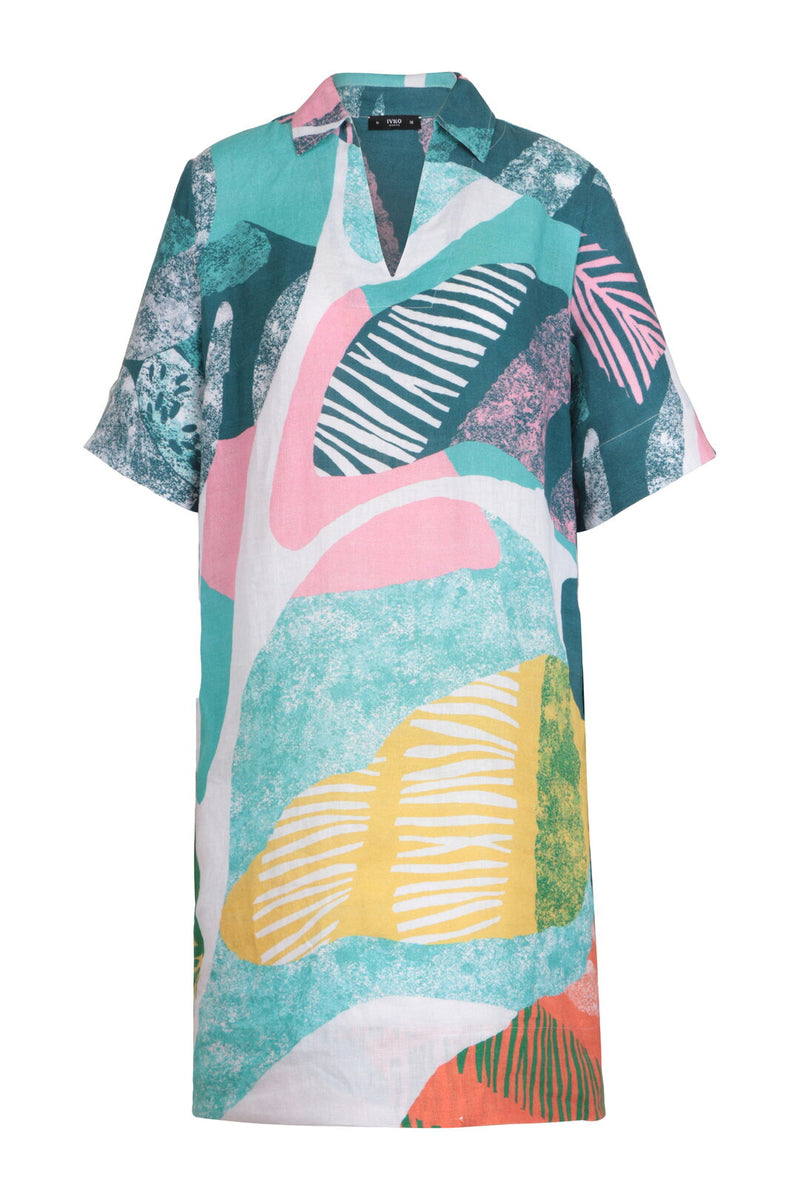Printed Linen Dress, Maximalist Tropics Pattern Aqua Wash