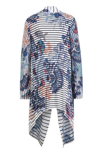 Long Printed Cardigan, Lotos Motif Stone Blue Wash