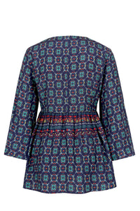Blouse V-Neck, Mediterranean Pattern - Navy Wash