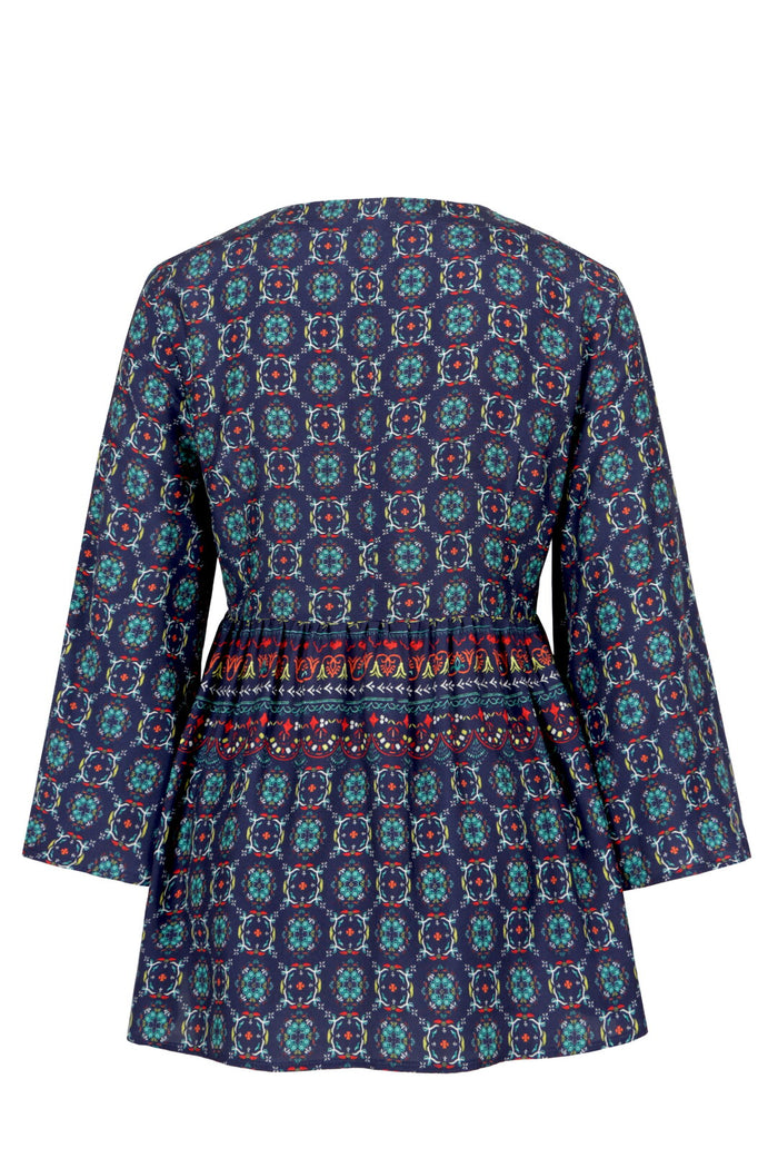 Blouse V-Neck, Mediterranean Pattern - Navy Wash