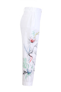 Embroidery Pants, Floral Pattern White