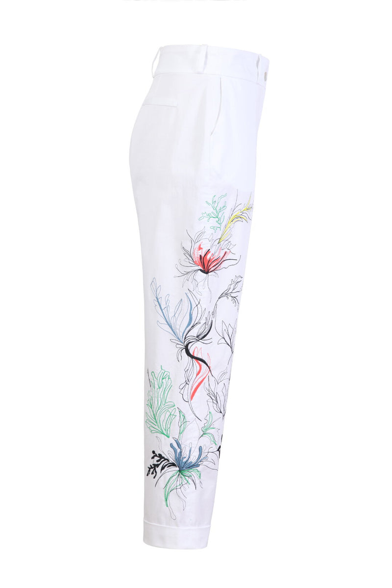 Embroidery Pants, Floral Pattern White