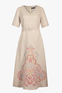 Linen Dress with Embroidery, Ornament Pattern White Coffee