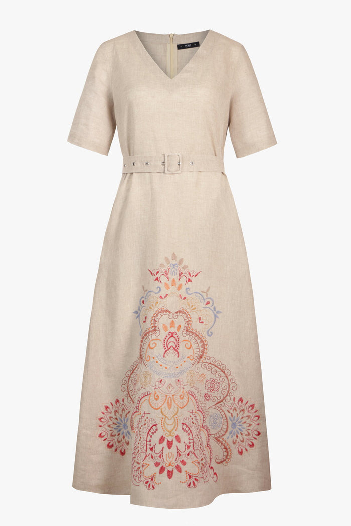 Linen Dress with Embroidery, Ornament Pattern White Coffee